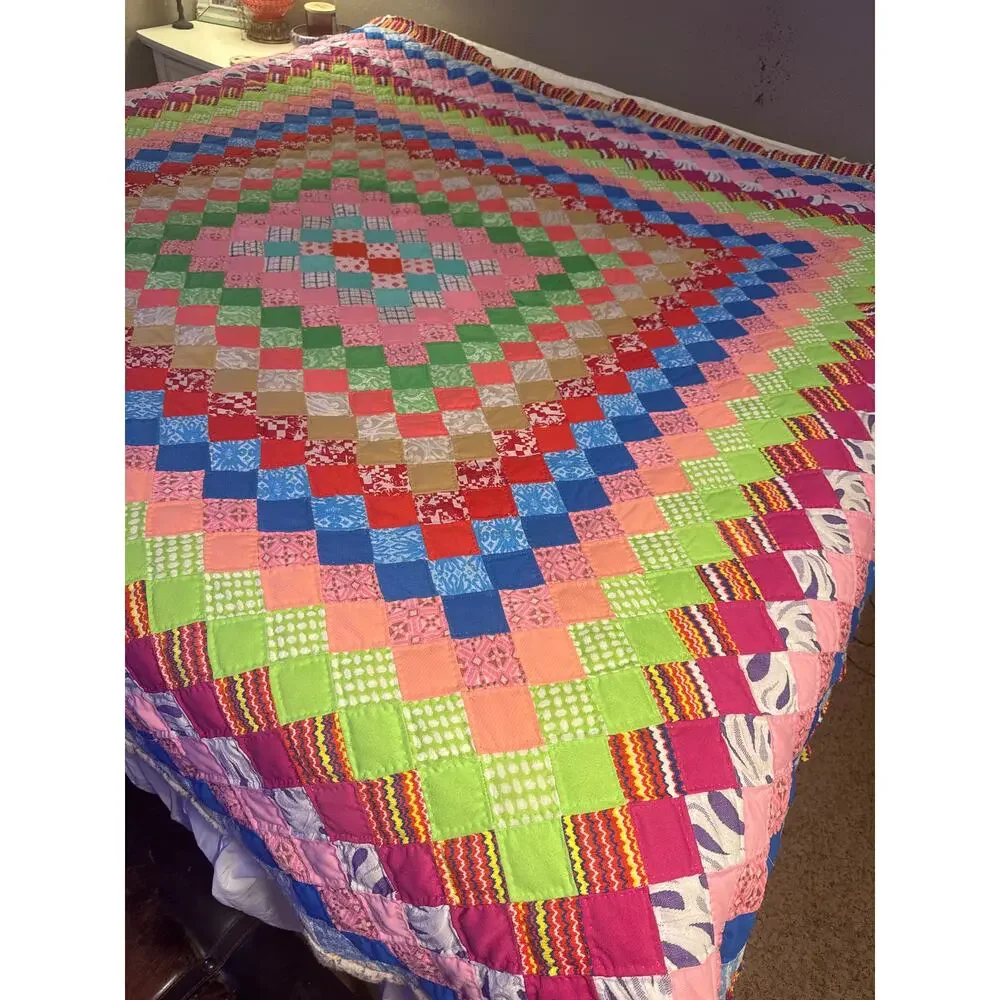 Vintage Trip Around The World Patchwork Quilt Brightly Colored King